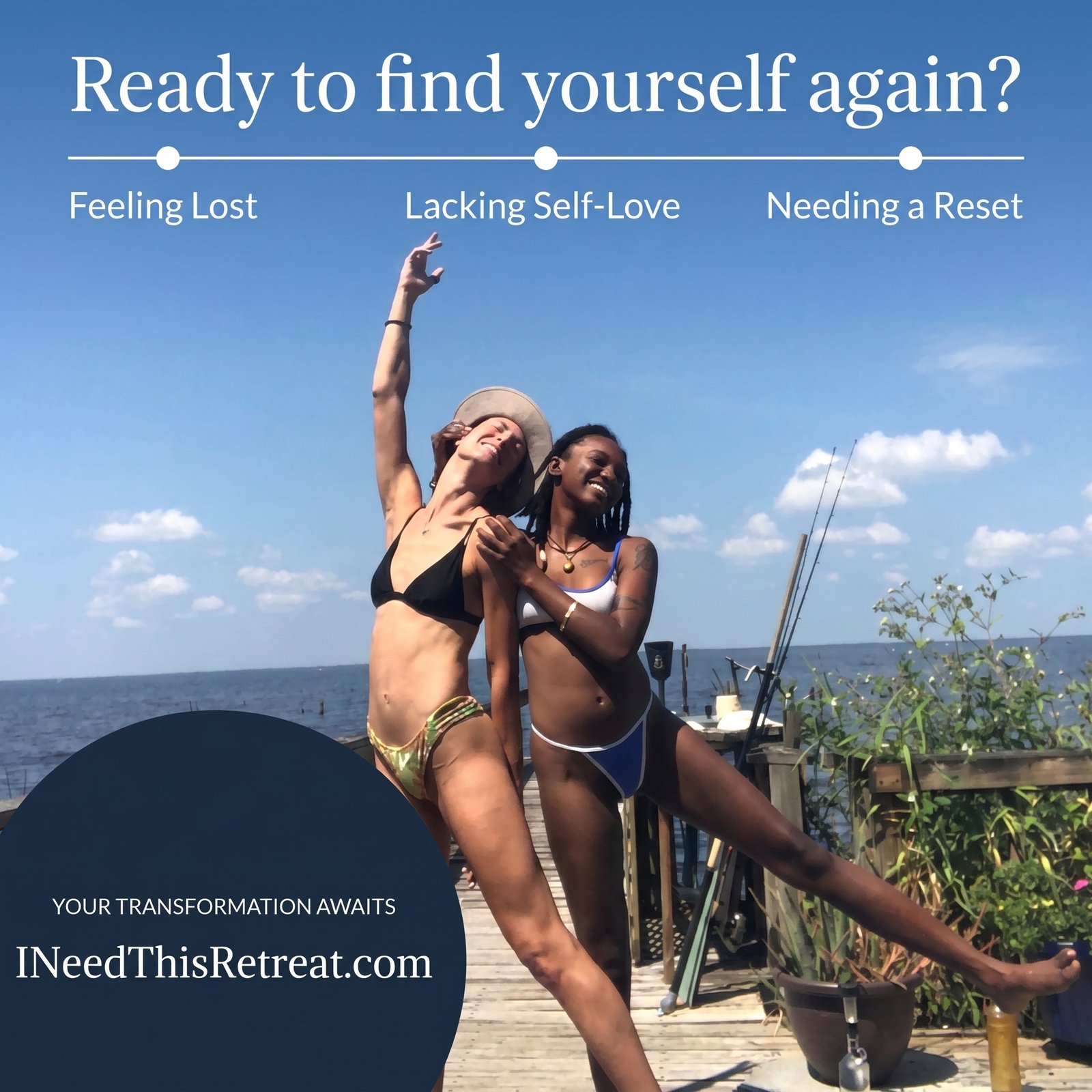Two happy women in bikinis posing on a sunny dock for a self-love wellness retreat.