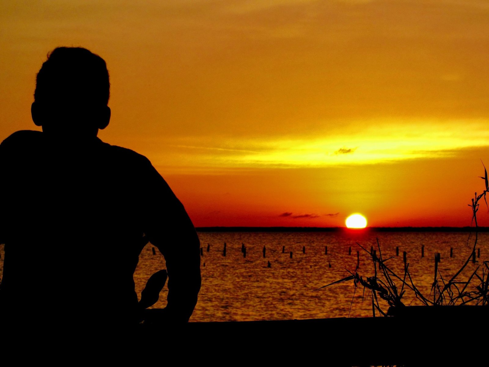 Silhouette of a person watching a vibrant golden sunset over a calm horizon with a dramatic orange s